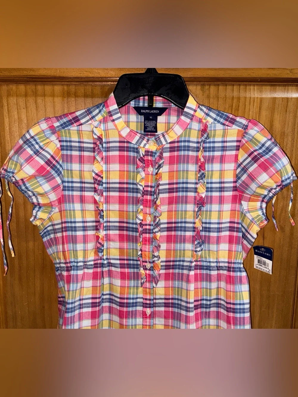 Ralph Lauren Pink Yellow Blue Plaid Ruffle Front Short Sleeve Blouse